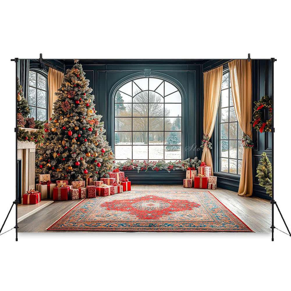 Large Window With Curtains Christmas Photo Backdrop Baby Kids Portrait Family Party Photocall Photograhy Background