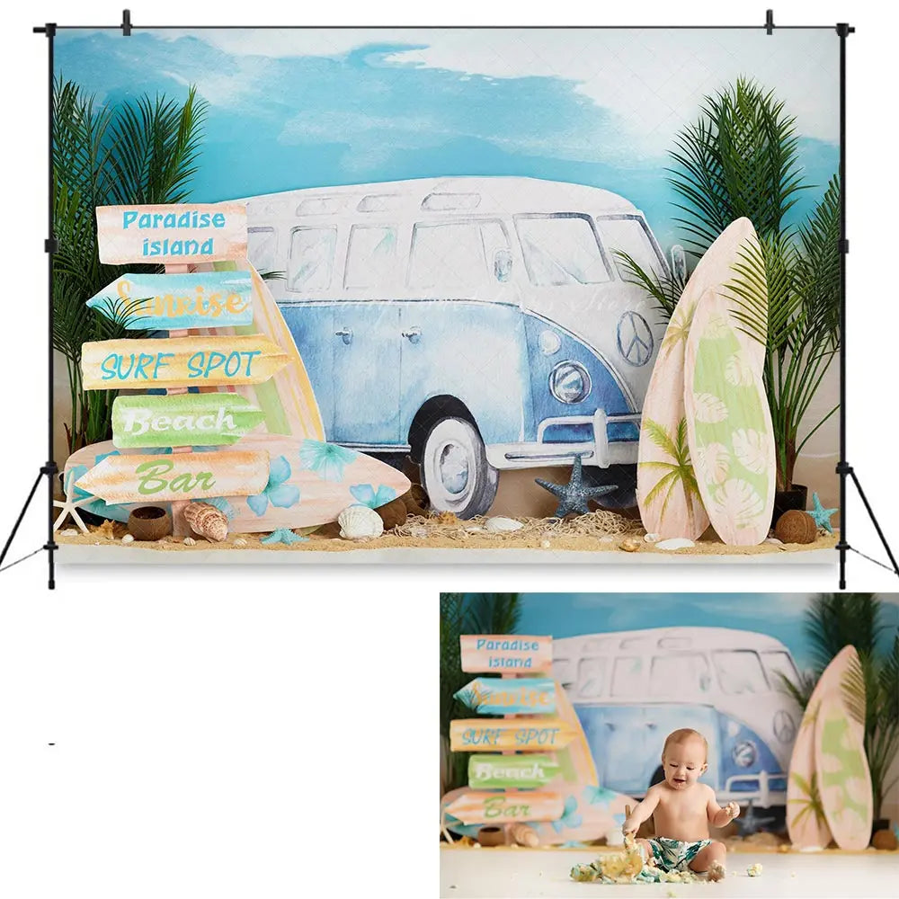 Summer Beach Surf Spot Backdrop Kids Baby 1st Birthday Photocall Decors Plam Trees and Bus Child Adult Photo Studio Backgrounds