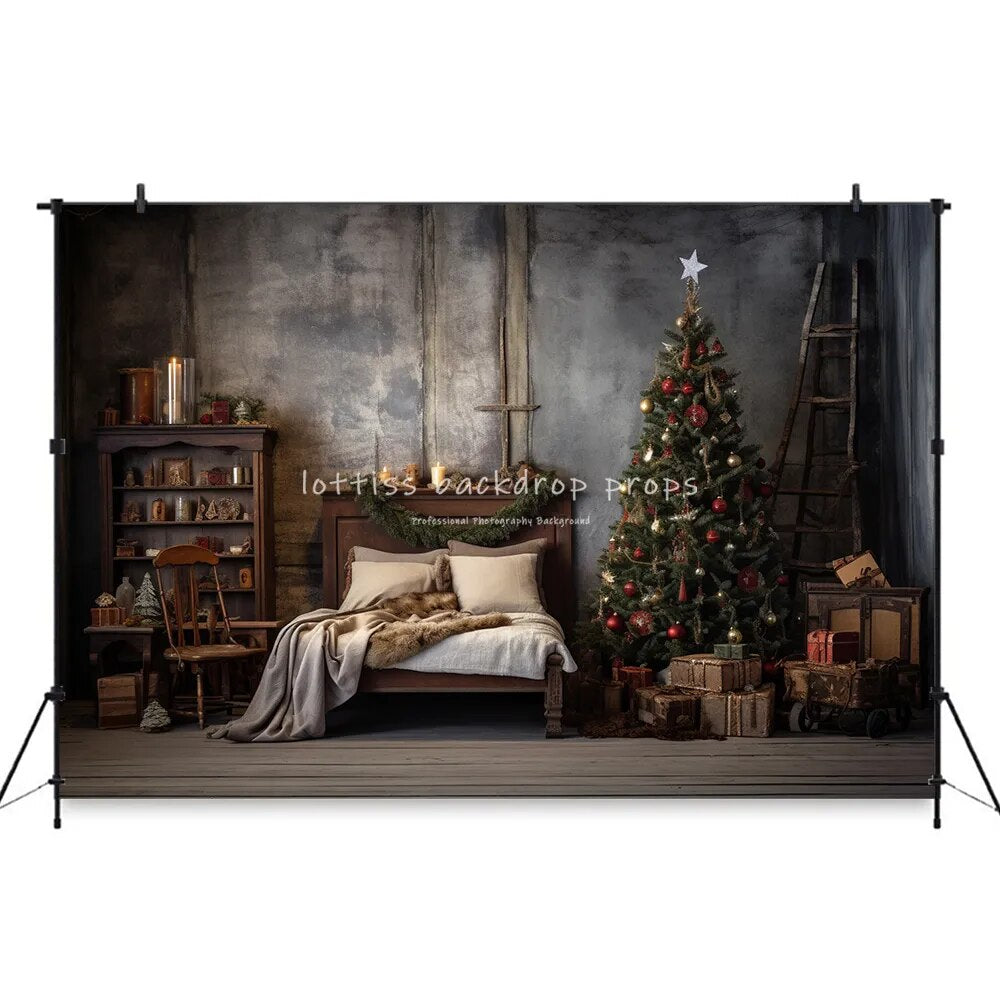 Arrière-plan de chambre à coucher de noël, photographie de bébé, enfant adulte, séance photo, arbres de noël, porte en bois, arrière-plan de salon 