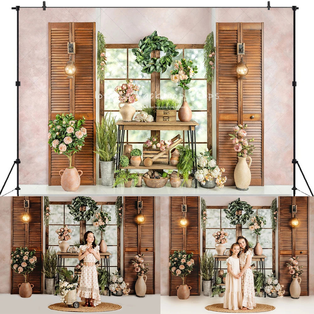 Spring Floral Windows Doors Backdrops Kids Girl Photography Pregnant Woman Baby Photocall Garden Plants Decors Background