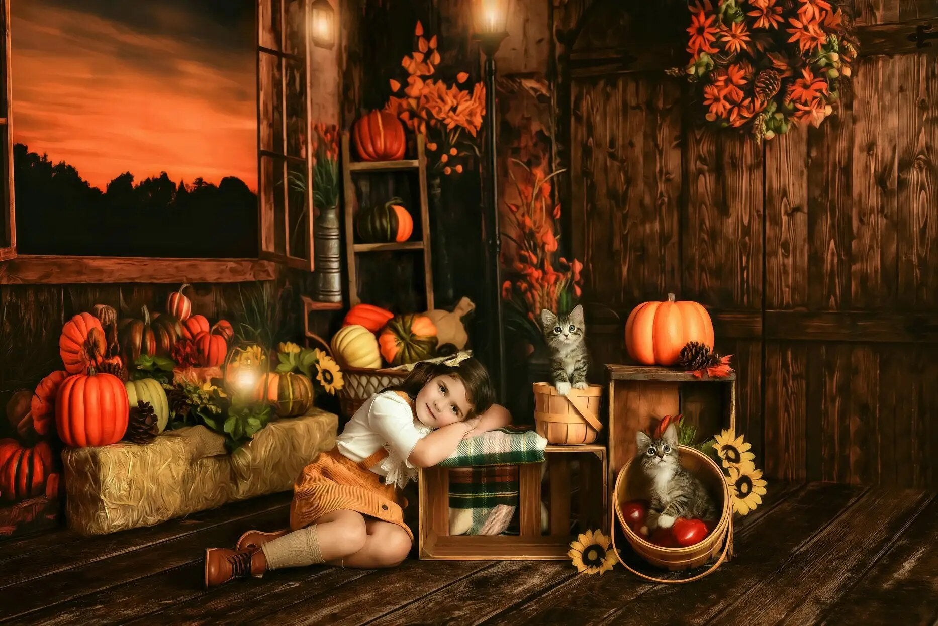 Arrière-plan de porte de grange d'automne, fenêtres d'automne, photographie de famille pour enfants, accessoires d'arrière-plan pour séance photo d'anniversaire de bébé, Halloween 