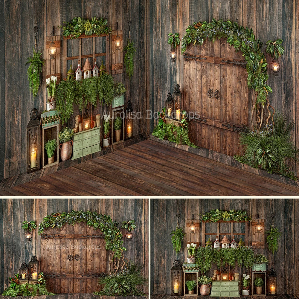 Spring Gardeners Green Thumb Room Backdrops Kids Baby Photography Prop Child Adult Photocall Decors Plant Wooden Door Background