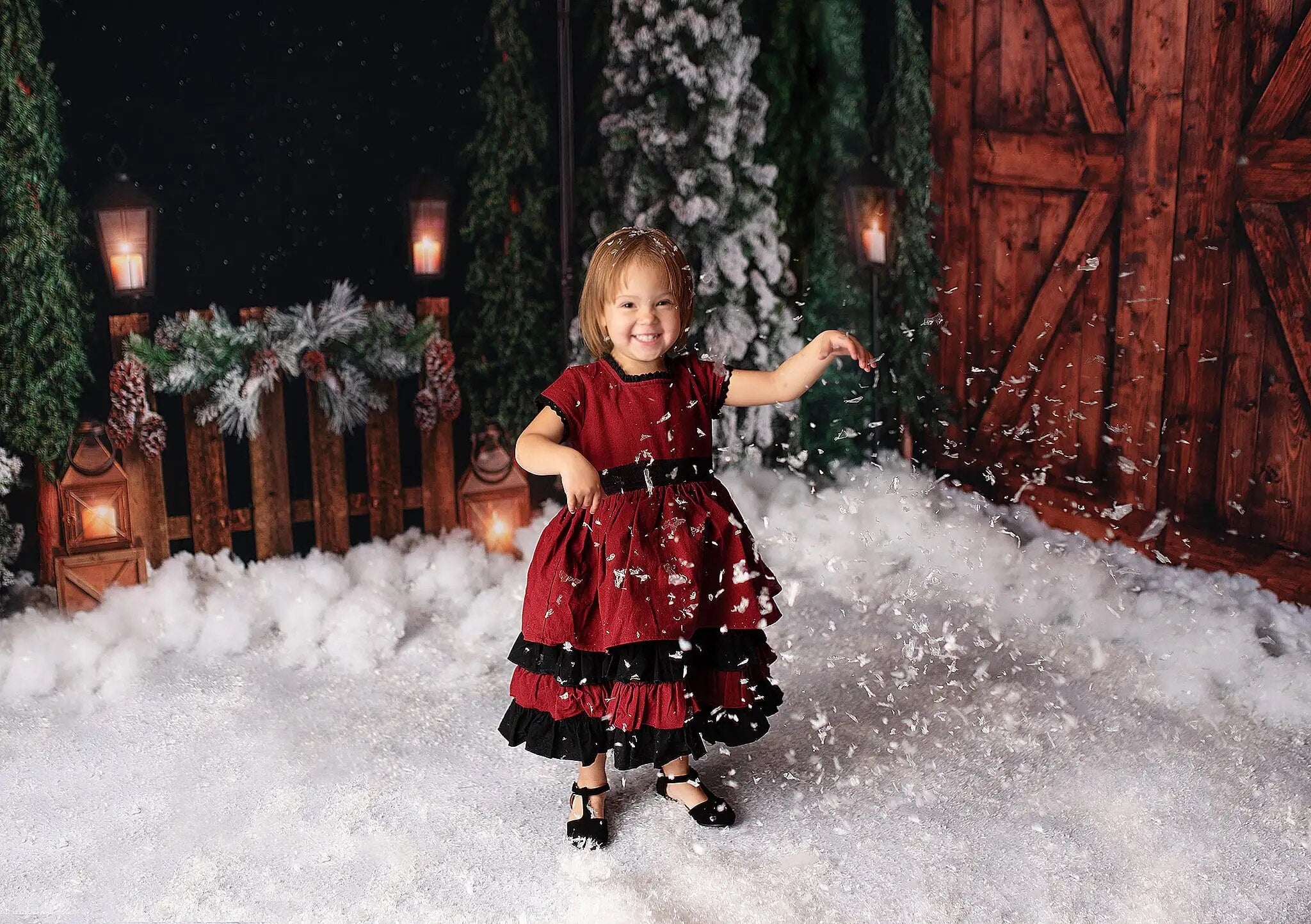 Soirée enneigée hiver porte de grange arrière-plan enfants photographie enfant bébé Photocall accessoires noël bois neige forêt fond 