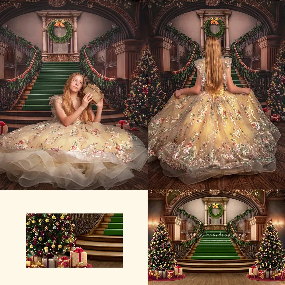 Christmas Castle Staircase Backdrop Kids Photography Props Child Baby Adult Photocall Props Xmas Winter Stair Background