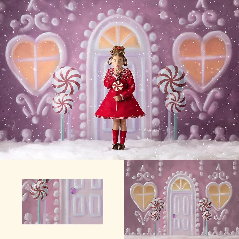 Hiver neigeux bonbons maison décors bébé enfants Portrait photographie enfant Photostudio hiver noël coeur maison avant arrière-plans 