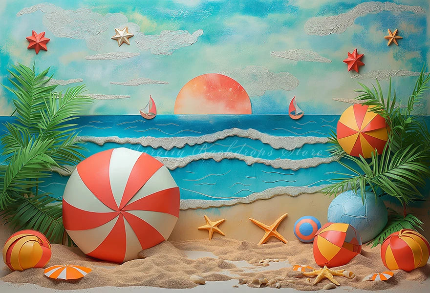 Summer Plam Trees Backdrop Sunset Kids Baby Cake Smash Photography Props Seaside Child Adult Happy Holiday Studio Backgrounds