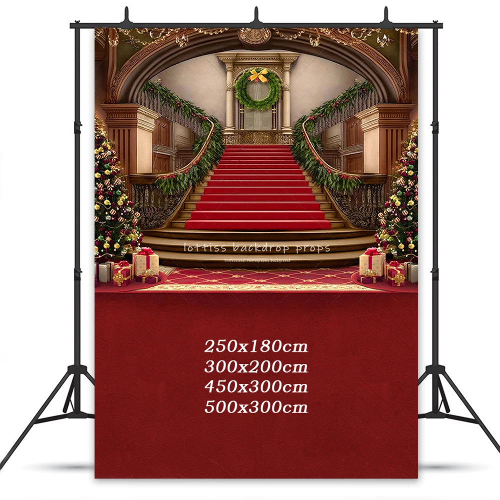 Grand Holiday Staircase Backdrops Kids Baby Photography Props Child Adult Photocall Christmas Castle Red Carpet Background