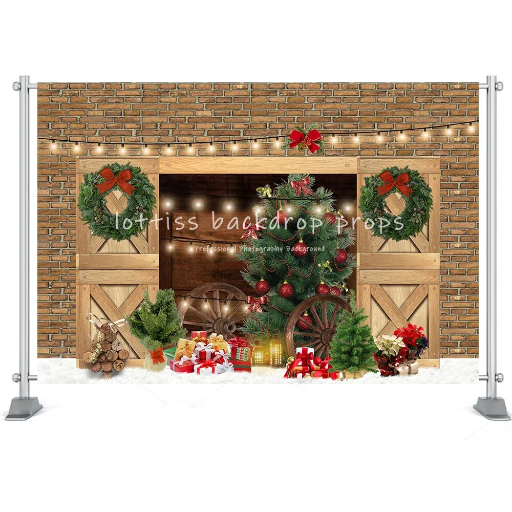 Christmas House Barn Door Backgrounds Photography Winter Trees Wreath Party Props Kids Famiy Portrait Backdrops Props