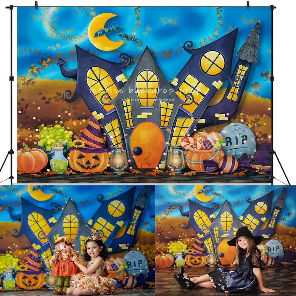 Arrière-plan d'halloween lanterne citrouille, maison de soirée, accessoires de photographie pour enfants, cimetière, lune, arrière-plan de Festival pour enfants et adultes 