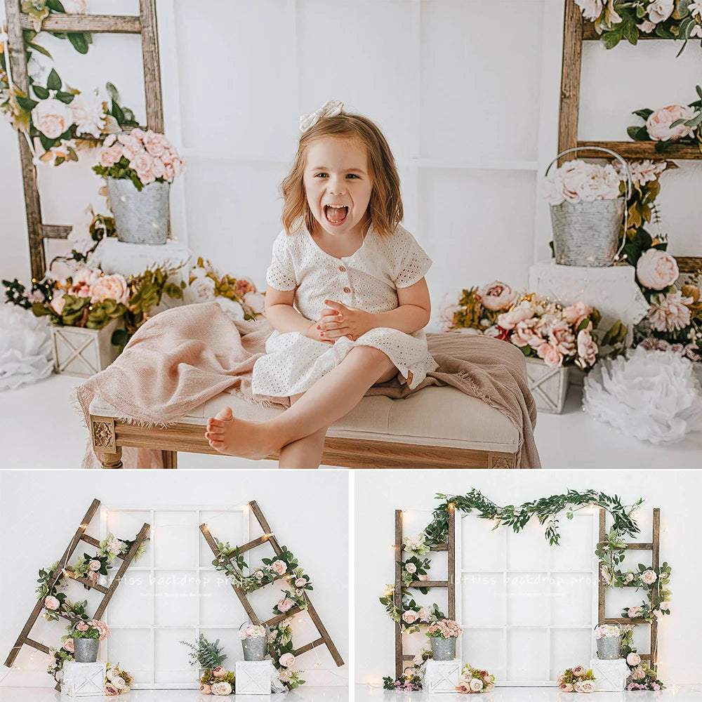 Garden Floral Ladder Backdrops Kids Girls Photography Child Baby Photocall Boom Flower Doors Cake Smash Backgrounds