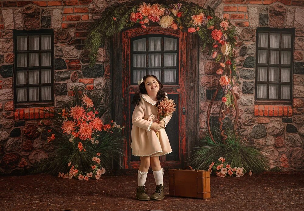 Village Floral Square Backdrops Girl Kids Photography Props Child Baby Photocall Retro Brick House Garden Window Background