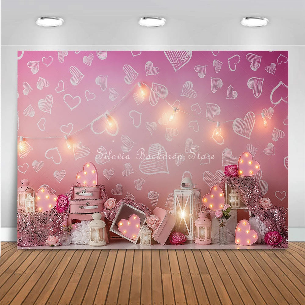 Pink Heart Sparkle Wall Photography Backdrop Girls Birthday Cake Smash Photo Background Cloth Kids Portrait Photo Studio Props