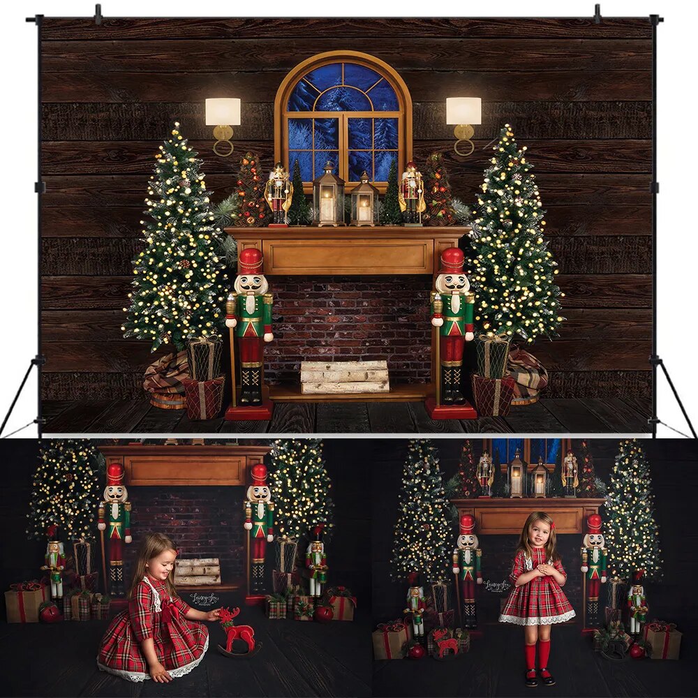 Christmas Fireplace Backdrops Kids Photography Props Child Adult Xmas Trees Evening Window Background