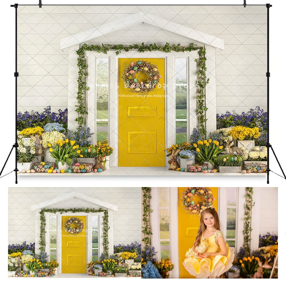 Spring Easter Yellow Farmhouse Backdrops Kids Baby Photography Child Adult Photocall Decors Festival Eggs Floral Backgrounds