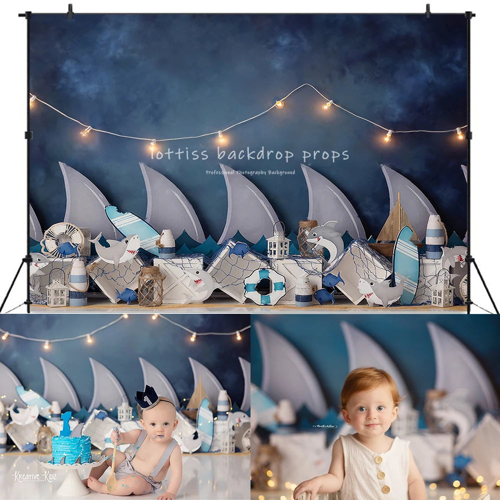 Shark Boat Backdrops Kids Boy Photography Props Child Baby Birthday Cake Smash Photocall Decors Sea Ship Captain Backgrounds