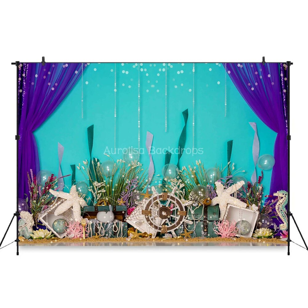 Pretty Mermaid Backdrops Kids Baby Photography Props Child Adult Photocall Decors Birthday Cake Smash Undersea Background