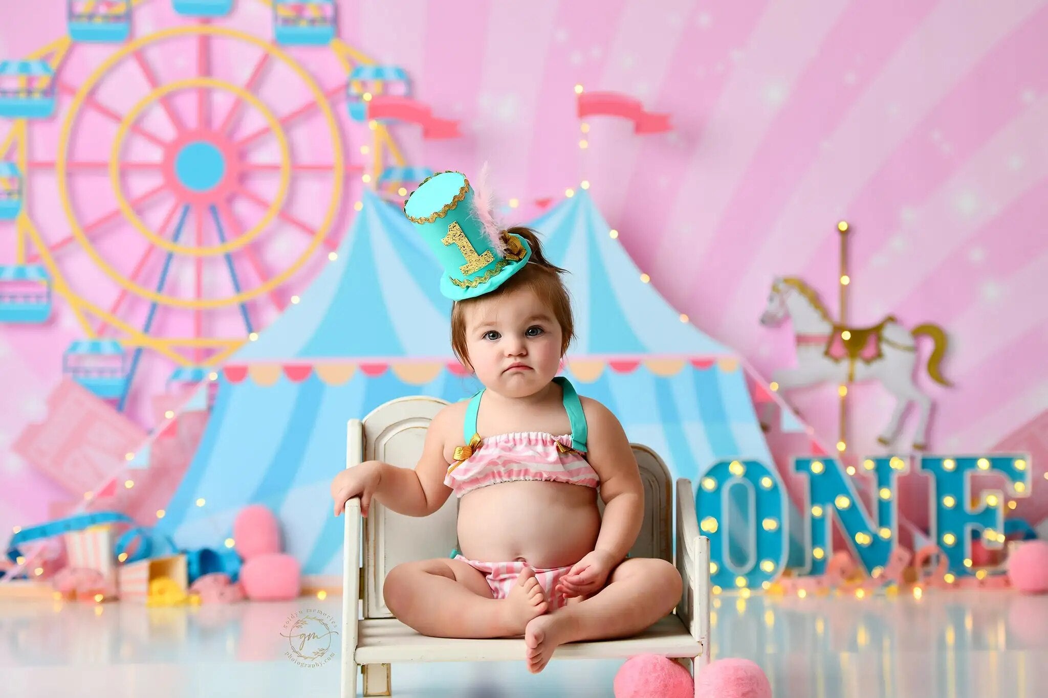 Arrière-plan de cirque d'été lumineux, gâteau d'anniversaire pour bébé fille, accessoires de photographie d'enfants, arrière-plan de grande roue pour studio photo 