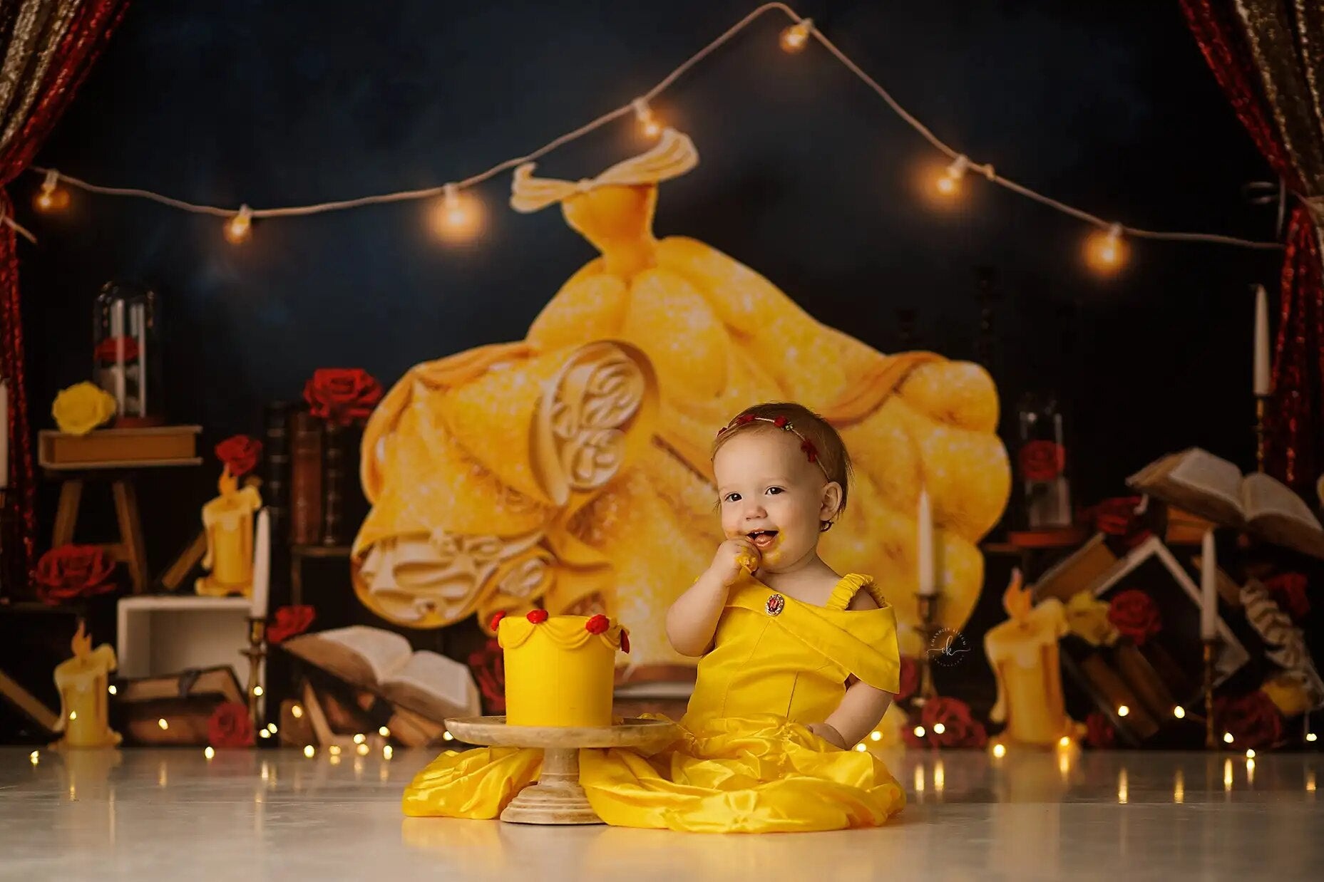 Belle Of The Ball Backdrops Kids Girl Cake Smash Birthday Photography Props Child Baby Gold Dress Party Background