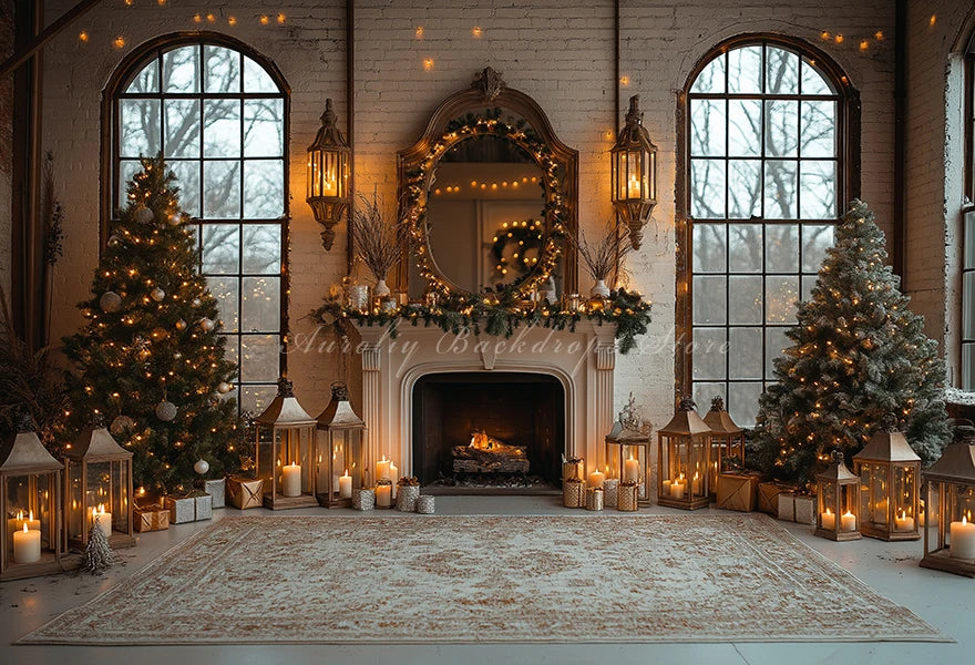 Christmas Backdrop with Fireplace and Xmas Trees Child Baby Birthday Cake Smash Photography Decor Girls Adult Studio Backgrounds