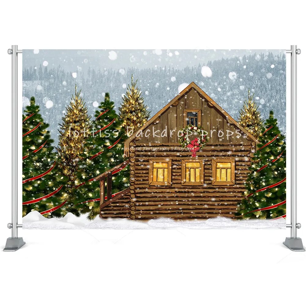 Winter House Backdrop Snow Field Forest Christmas Santa Claus Tree Farm Kids Bbay Family Portrait Photography Background