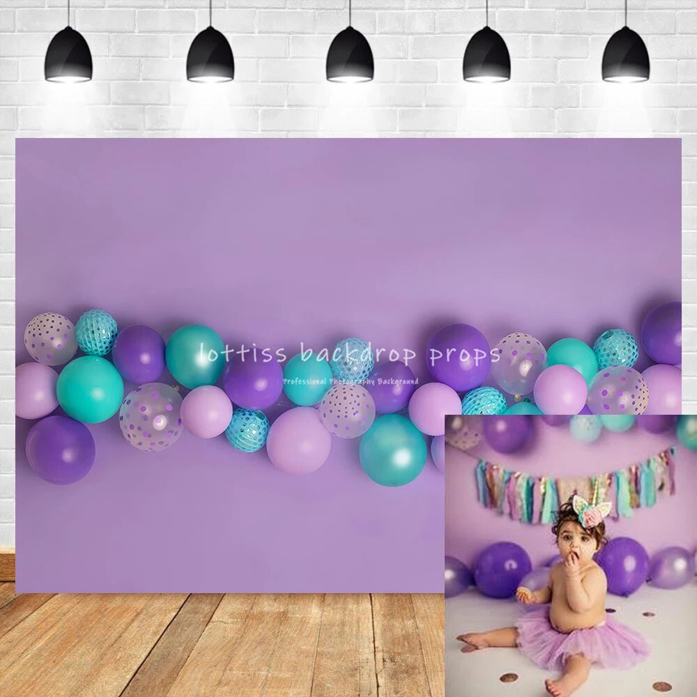 Purple Balloons Backdrops Kids Cake Smash Props Baby Boy Child 1st Birthday Party Background