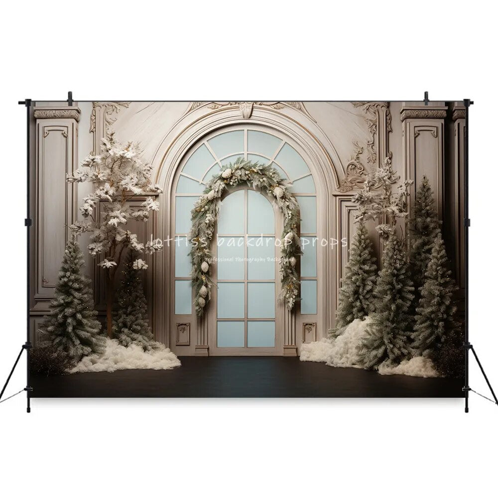 Arrière-plan de porte en bois de noël, porte rétro, accessoires de photographie pour enfants et adultes, décors de séance photo, arbres de noël, arrière-plan de château 