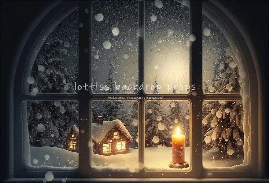 Snowy Windows Christmas Backdrop Candle Light Family Photocall Adult Child Baby Photogrpahy Props Winter Xmas Background