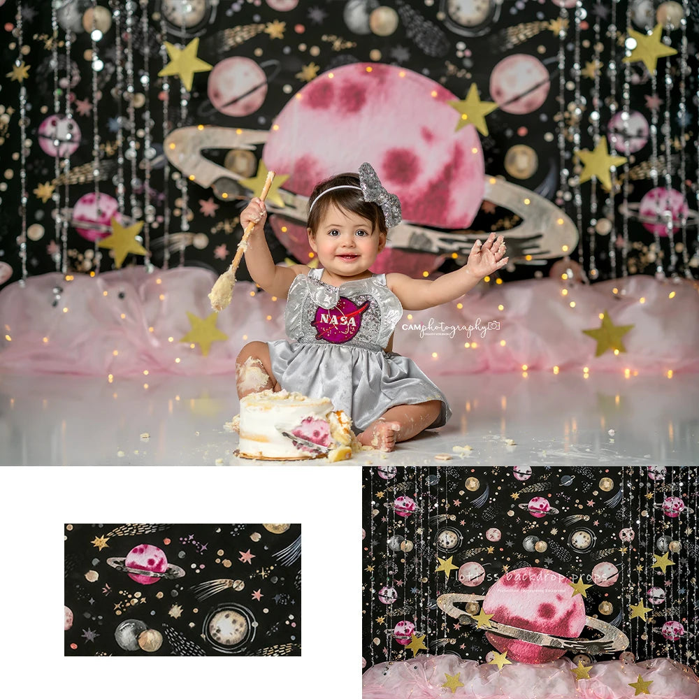 Pink Planet Backdrops Kids Baby Space Photography Props Child Birthday Cake Smash Photocall Decors Astronaut Theme Backgrounds