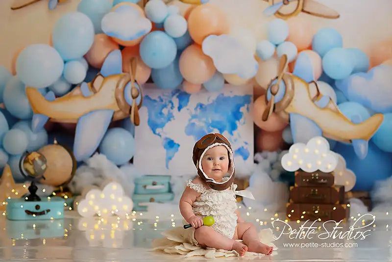 Time Flies Adventure Backdrop Plane and Balloons Kids Baby Cake Smash Photography Props Child Boys Adult Birthday Backgrounds