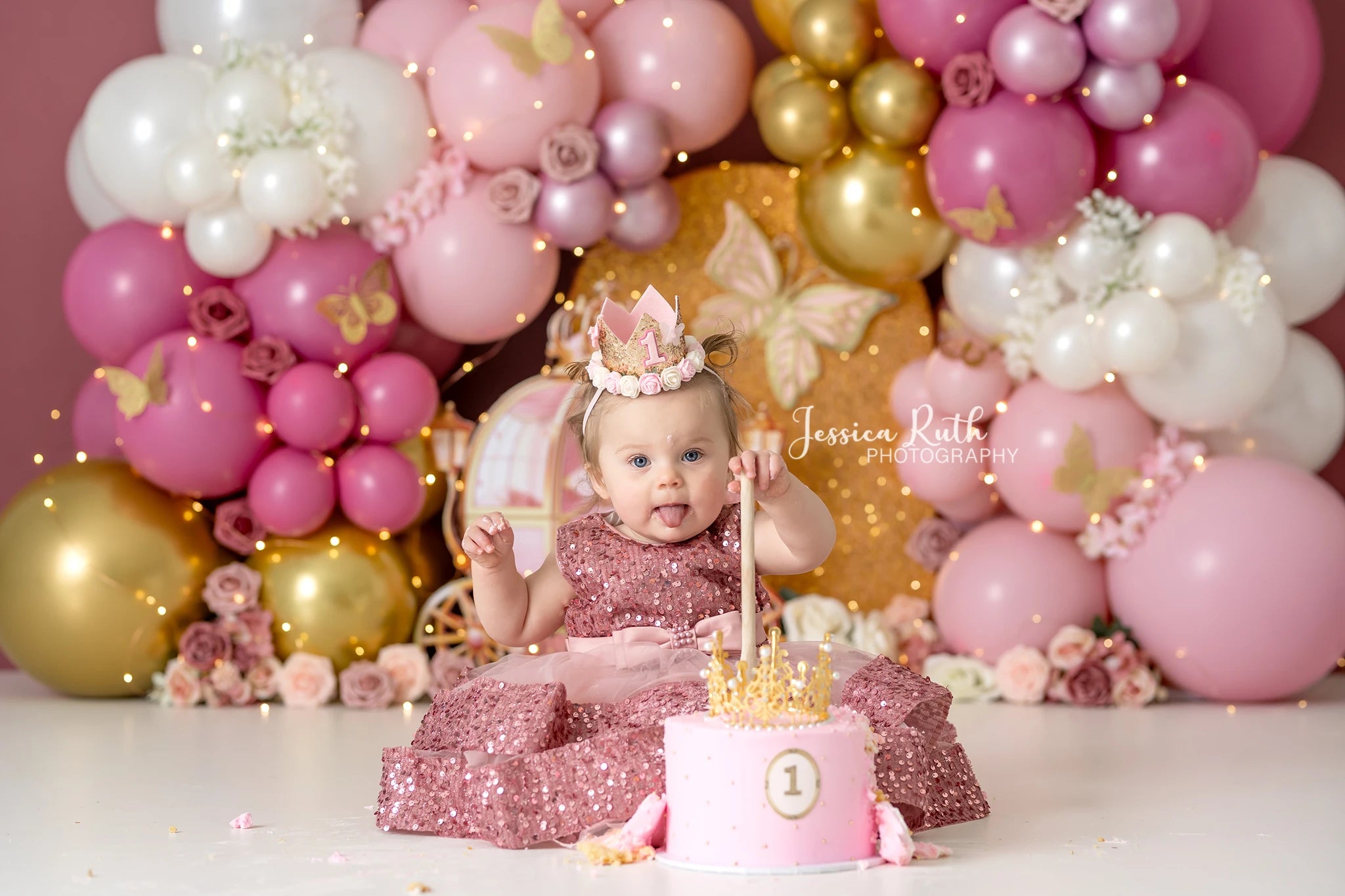 Pink Gold Princess Balloons Backdrop Butterfly Child Adult Birthday Photo Shoot Backgrounds Kids Baby Cake Smash Photocall Decor