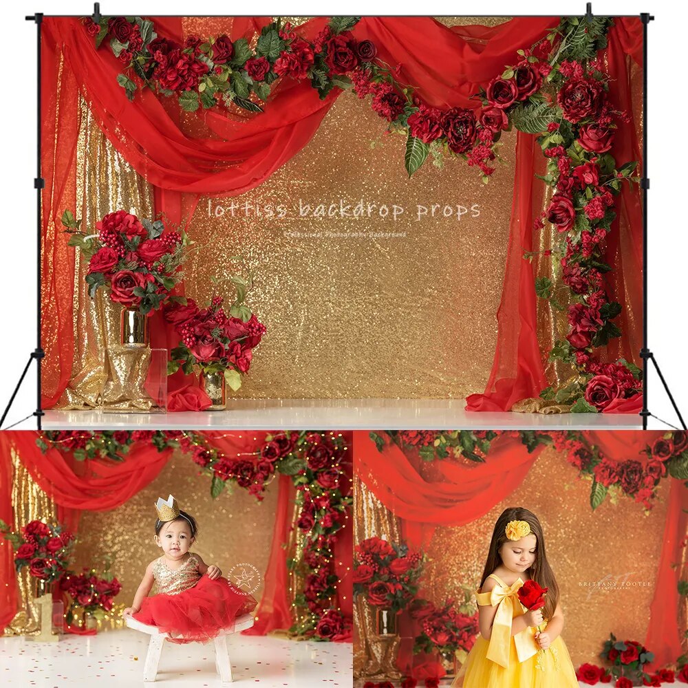 Rideau de Roses à venir, arrière-plan de photographie pour enfants filles, accessoires de photographie, gâteau d'anniversaire pour bébé, arrière-plan Floral de saint-valentin 