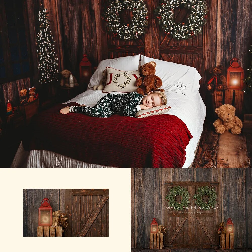 Arrière-plan de tête de lit de noël, accessoires de photographie pour enfants et bébés, accessoires de séance photo pour enfants et adultes, arrière-plan avant de grange en bois de noël 