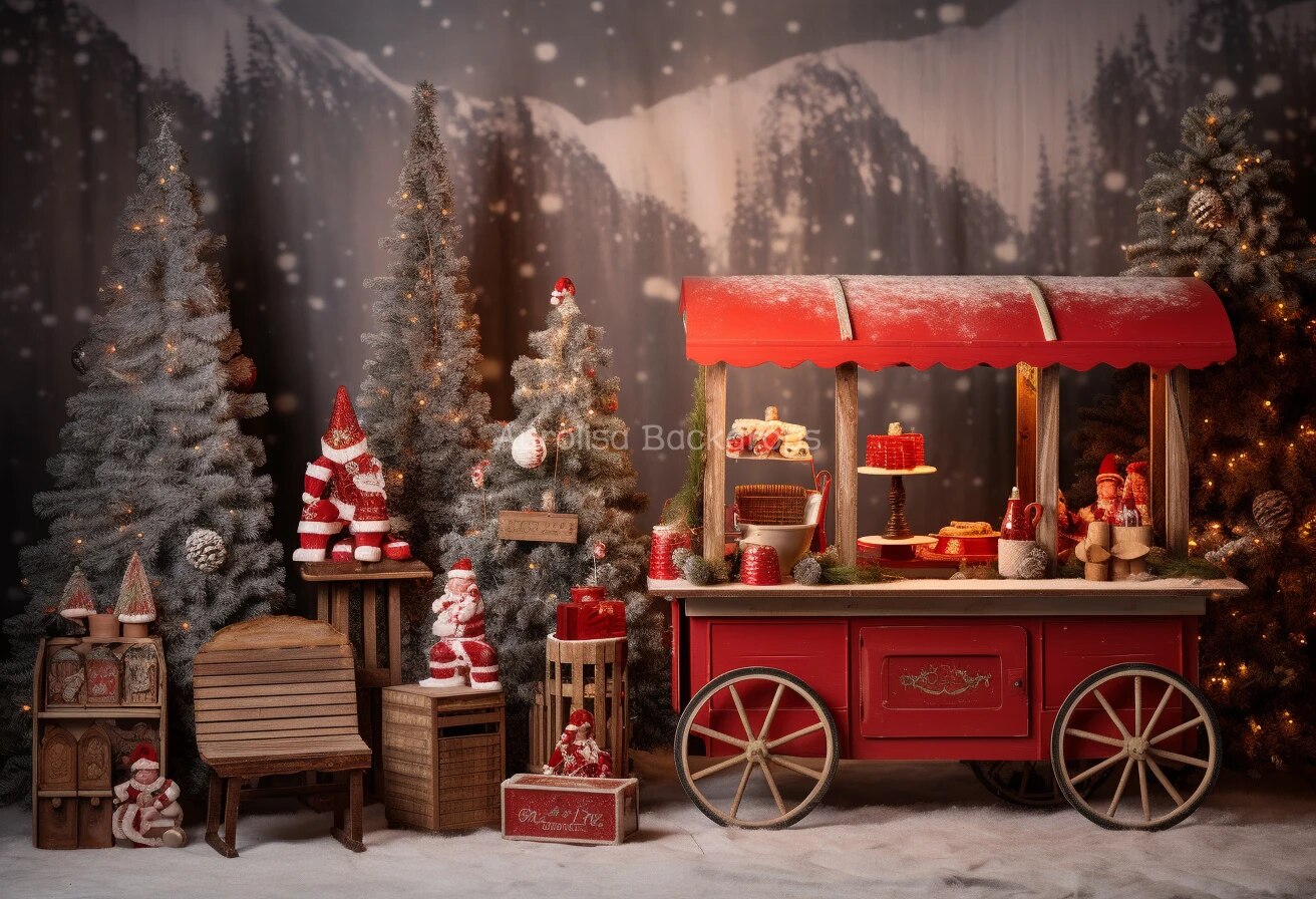 Hot Chocolate Cart With Christmas Decorations Tree Backdrops Kids Baby Photography Child Adult Photocall Xmas Store Background