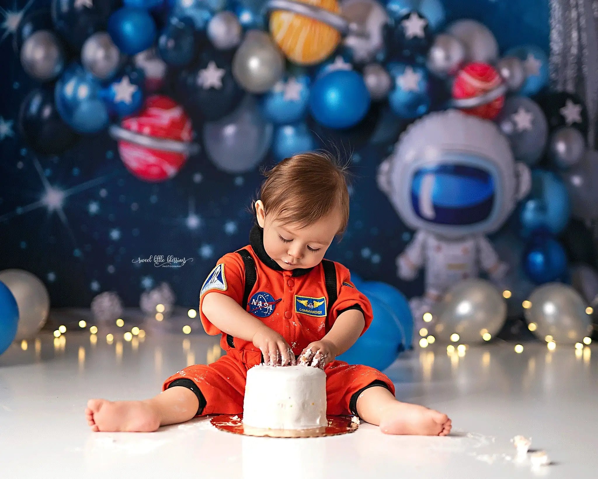 Cosmic Party Astronaut Backdrops Kids Baby Cake Smash Photography Child Adult Photocall Stars Balloons Backgrounds