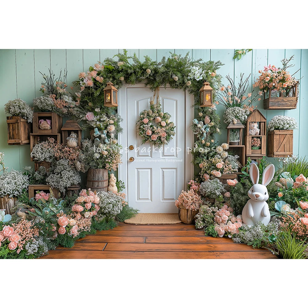 Easter Garden Bunnies Backdrops Kids Baby Birthday Cake Smash Photography Child Adult Photocall Wooden Cottage Floral Background