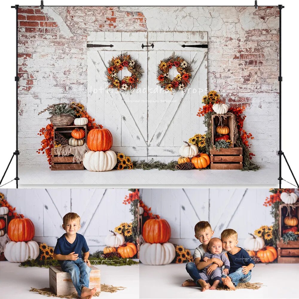 Arrière-plan de porte de grange d'automne, décor de citrouille, photographie d'enfant et d'adulte, séance photo, couronne de bébé et d'enfant, arrière-plan de ferme d'automne 