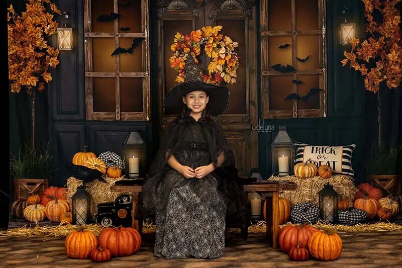 Halloween Porch Backdrops Kids Photography Fall Adult Baby Birthday Cake Smash Pumpkin Lantern Witch Bat Festival Background