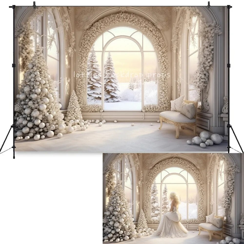 Arrière-plan de fenêtre de salon de noël, accessoires de photographie pour enfants et adultes, arbres Xams pour bébés, arrière-plan de château blanc 