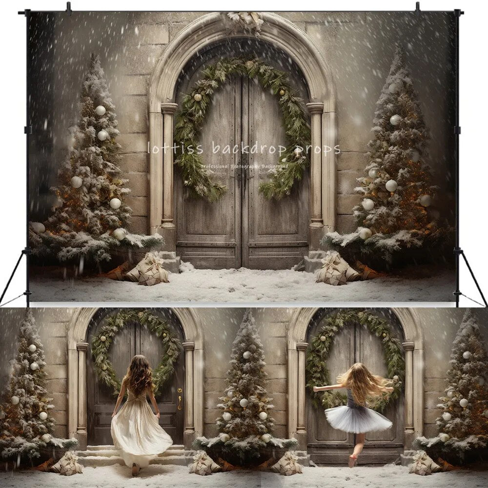 Winter Churchs Medieval Door Backdrops Kids Adult Xmas Photography Props Child Adult Photocall Snowy House Front Background