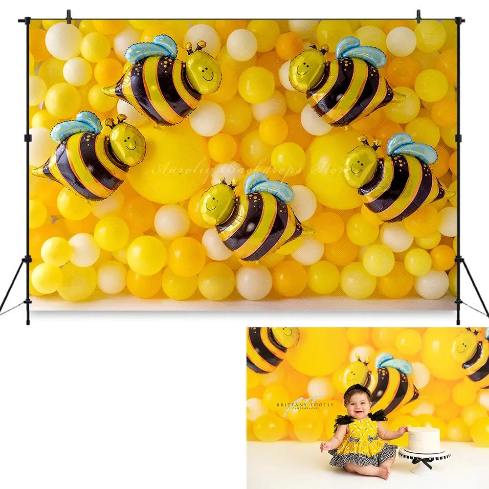 Honey Bee Photo Backdrop Yellow Balloons Kids Baby 1st Birthday Party Decors Child Boys Adult Party Studio Backgrounds