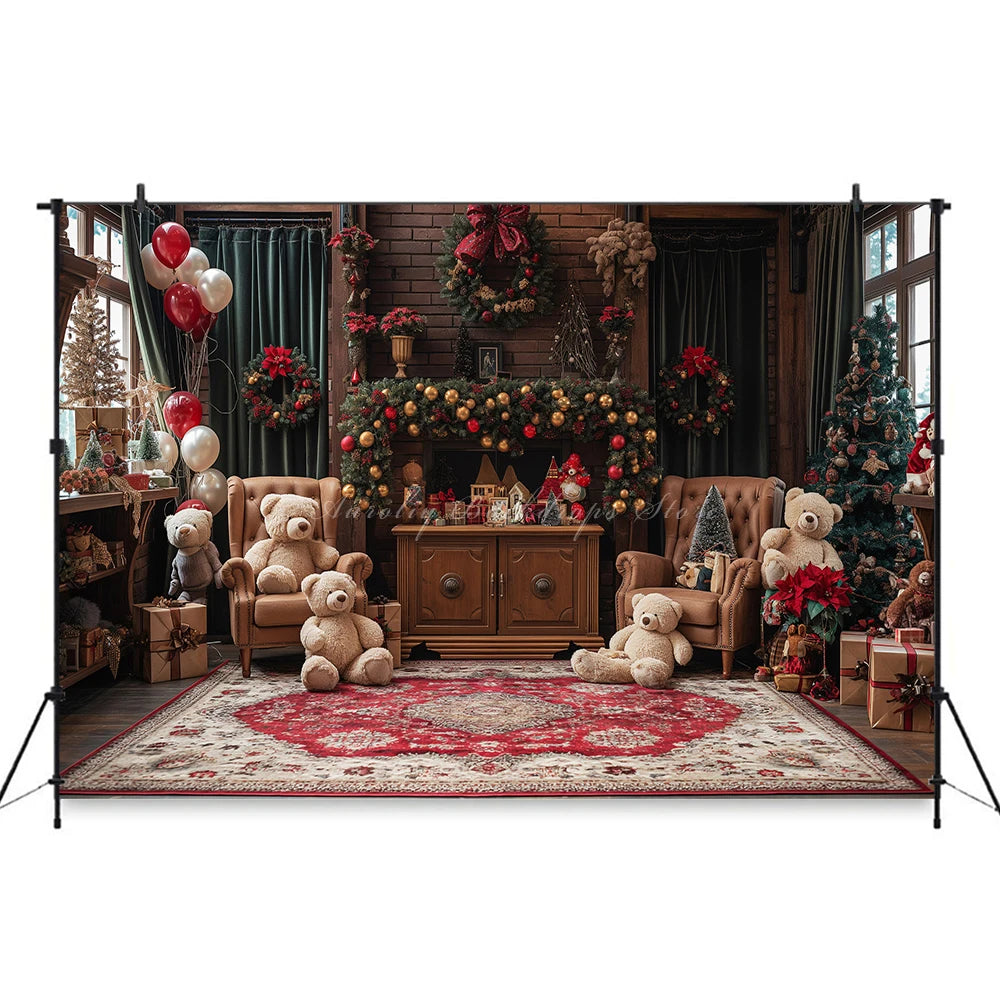 Christmas Theme Little Bear Backdrop Kids Baby Cake Smash Photography Props Fireplace Child Adult Photo Studio Backgrounds