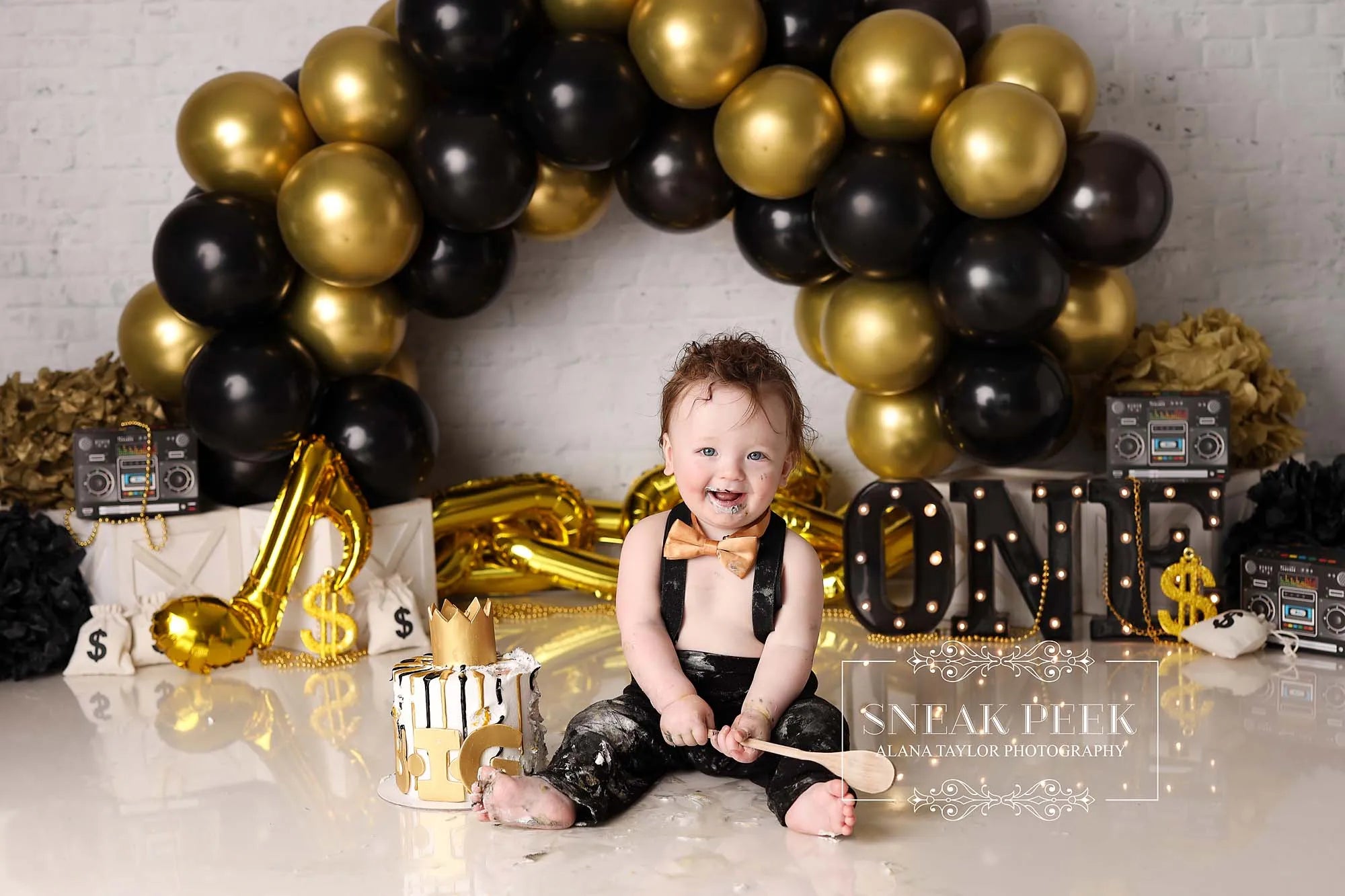 Black and Gold Balloon Garland Backdrop Kids Baby 1st Birthday Studio Backgrounds Child Boys Cake Smash Photography Props