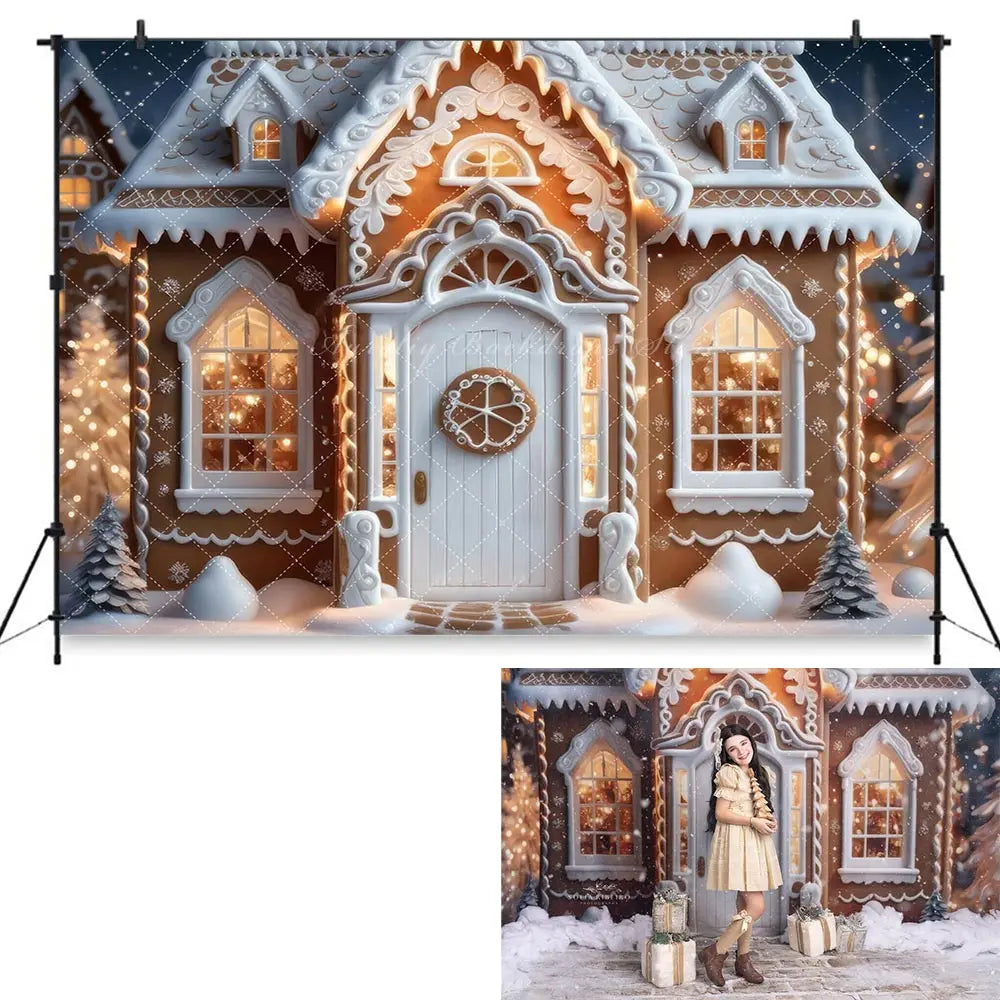 Elegant White Christmas Fireplace Backdrop Winter Street and Store Front Kids Baby Cake Smash Photography Decors