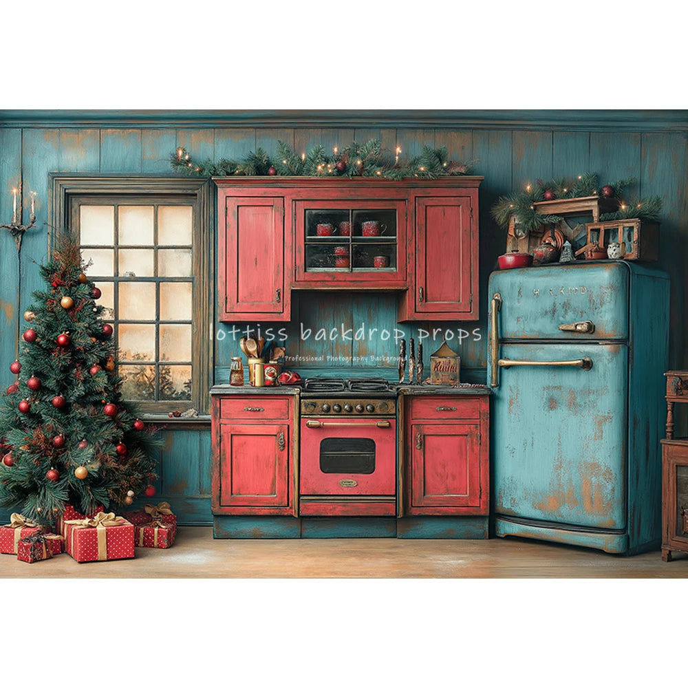 Christmas Kitchen Backdrops Kids Family Photography Child Baby Photocall Decors Winter Xmas Wreath Trees Backgrounds