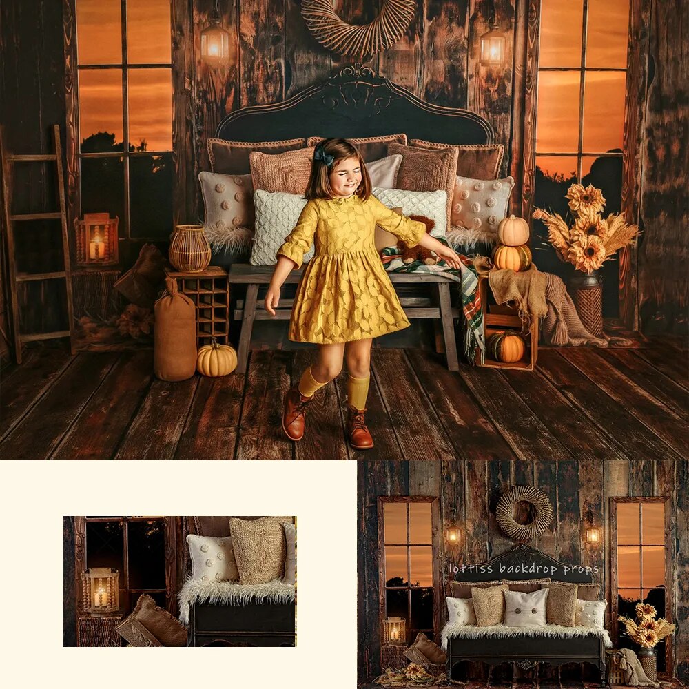 Arrière-plan de tête de lit au coucher du soleil d'automne, accessoires de photographie pour enfants et adultes, décors pour séance photo d'enfant et de bébé, arrière-plan de citrouille d'automne 