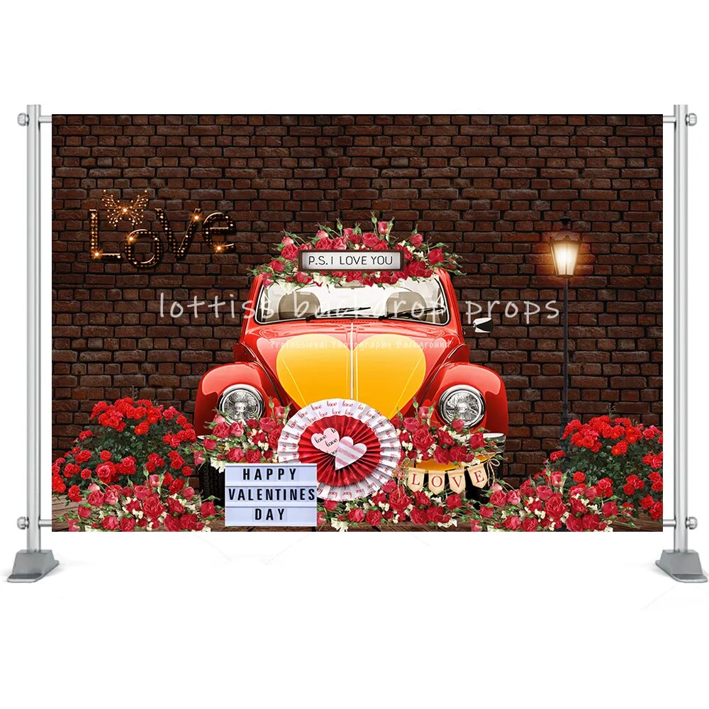 Valentine's Day Backdrop Brick Wall Wood Door Red Rose Heart Flower Shop Brick Wall Photo Background Studio Photoshoot Props