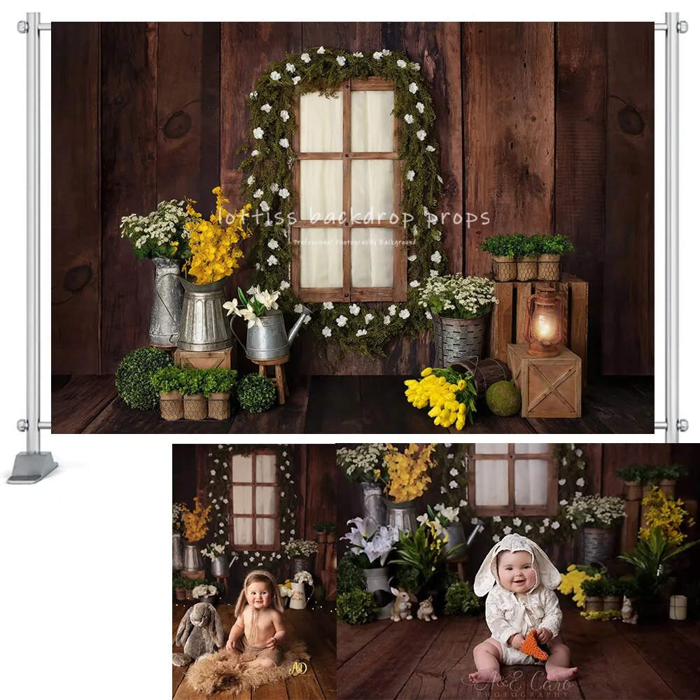 Spring View Window Backdrops Kids Baby Cake Smash Birthday Photocall Props Girl Children Floral Wooden Wall Decor Background