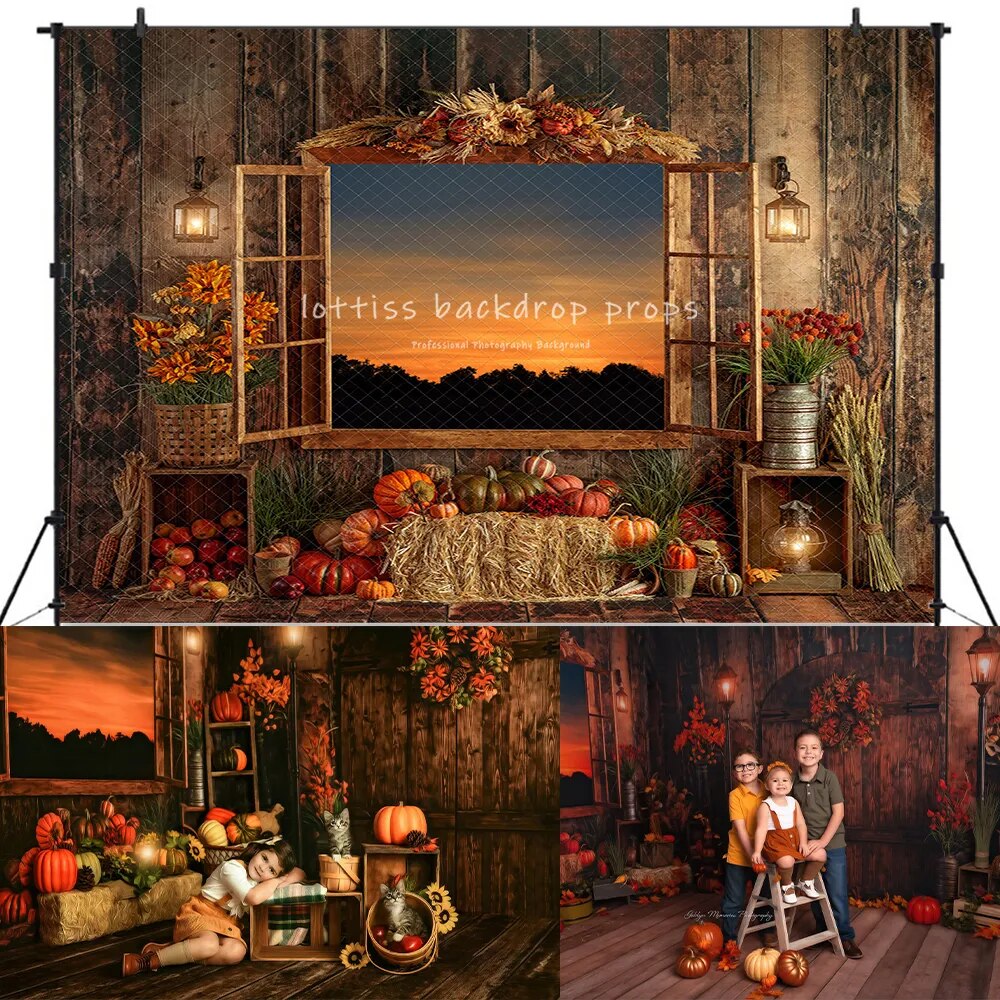 Arrière-plan de porte de grange d'automne, fenêtres d'automne, photographie de famille pour enfants, accessoires d'arrière-plan pour séance photo d'anniversaire de bébé, Halloween 