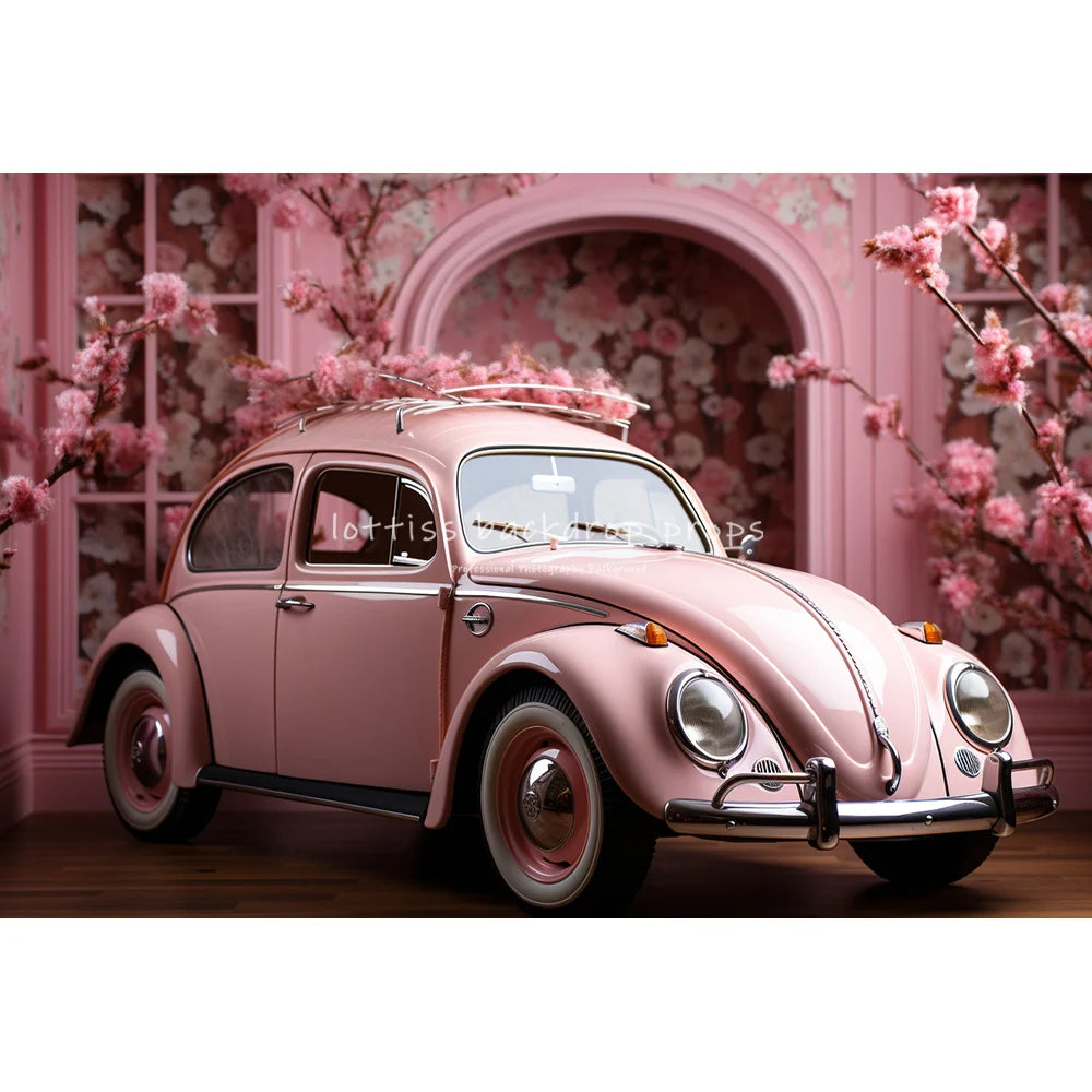 Valentine's Day Pink Floral Car Backdrops Kids Baby Photogrpahy Child Lover Photocall Rose Red Heart Festival Backgrounds