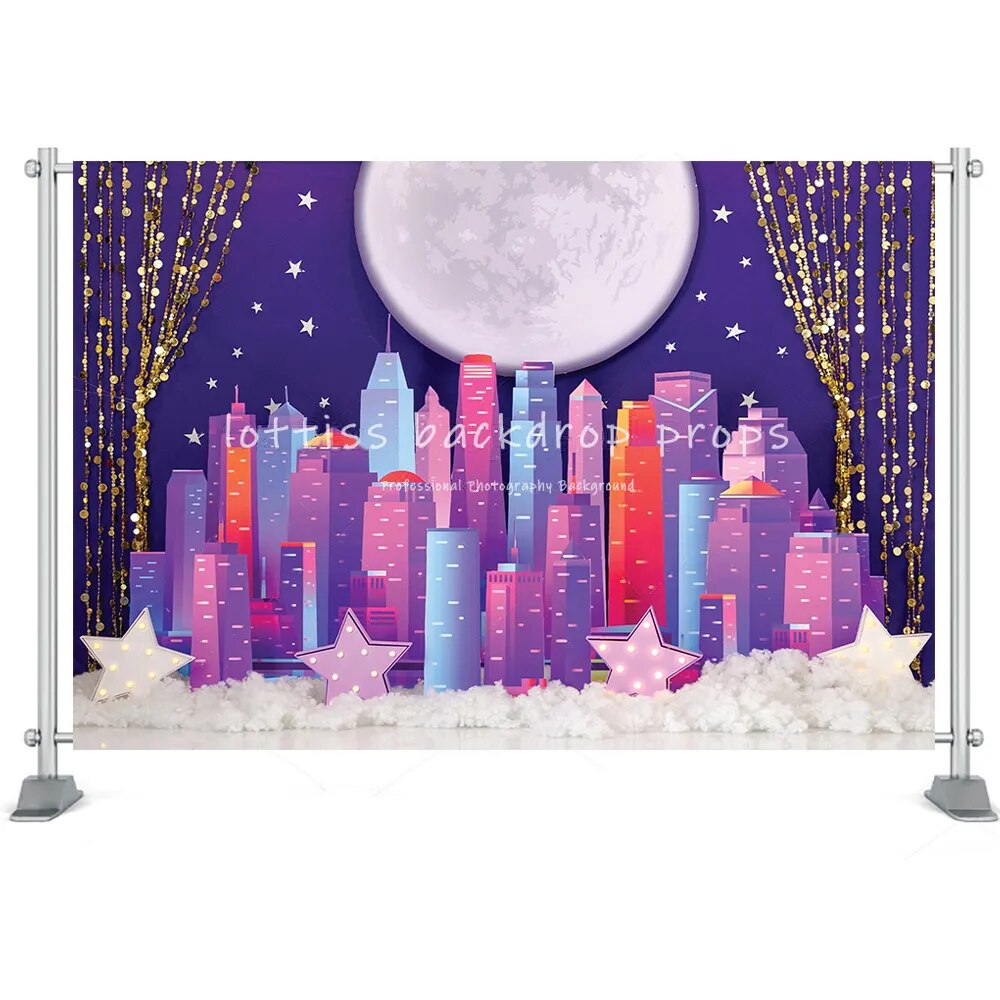 Super City Backdrops Cartoon Superhero Boy Birthday Party Super City Cospaly Photography Cake Table Decor Booth Props